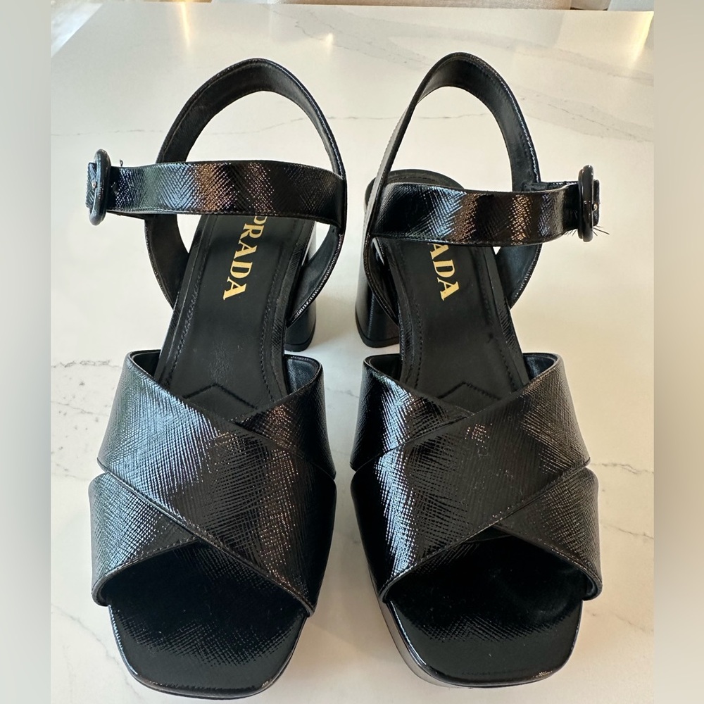 Prada  Authentic Women's Black Vernice Crisscross Platform Sandals Size 36.5